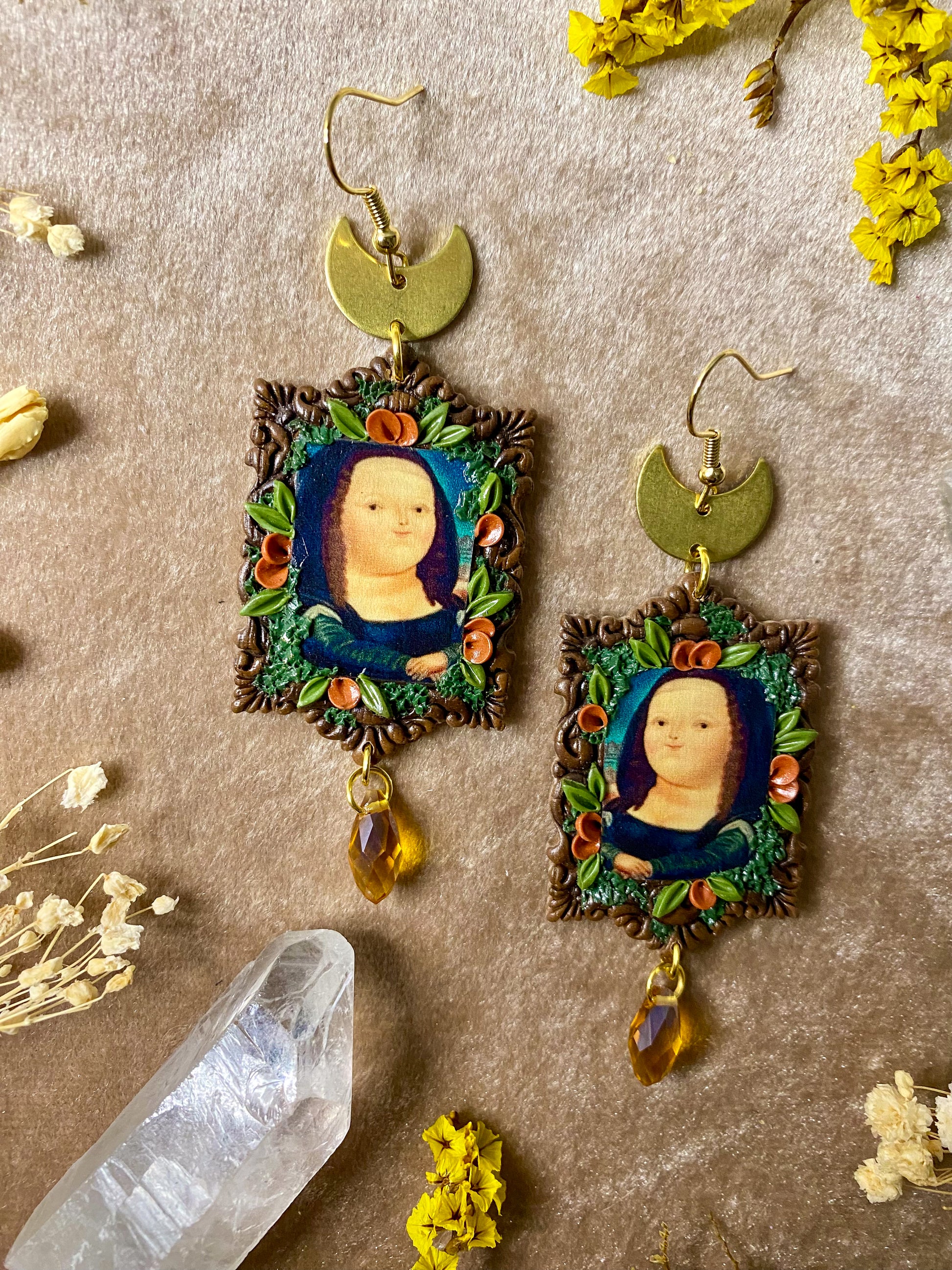 polymer clay botero mona lisa painting earrings