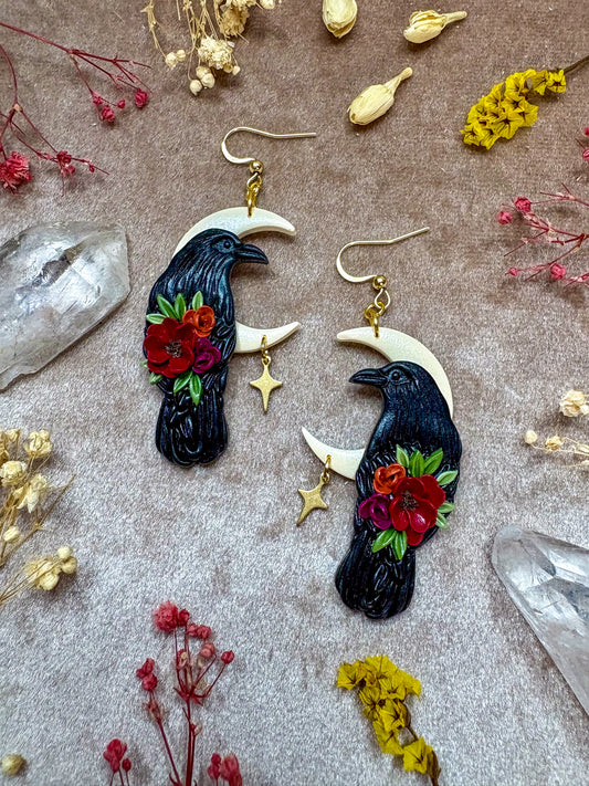 Floral Raven Golden Moon Earrings