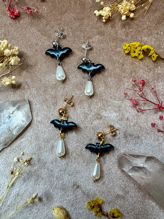 Dainty Bat and Pearl Earrings
