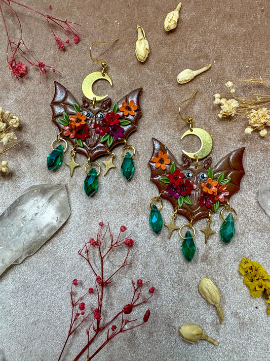 Brown Floral Bat Earrings