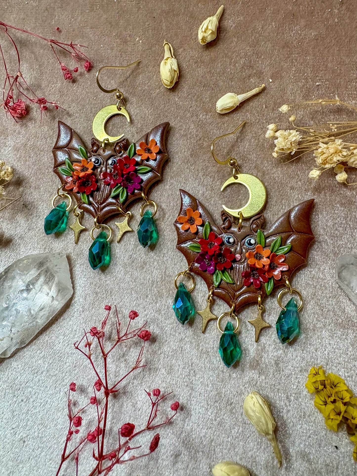 Brown Floral Bat Earrings