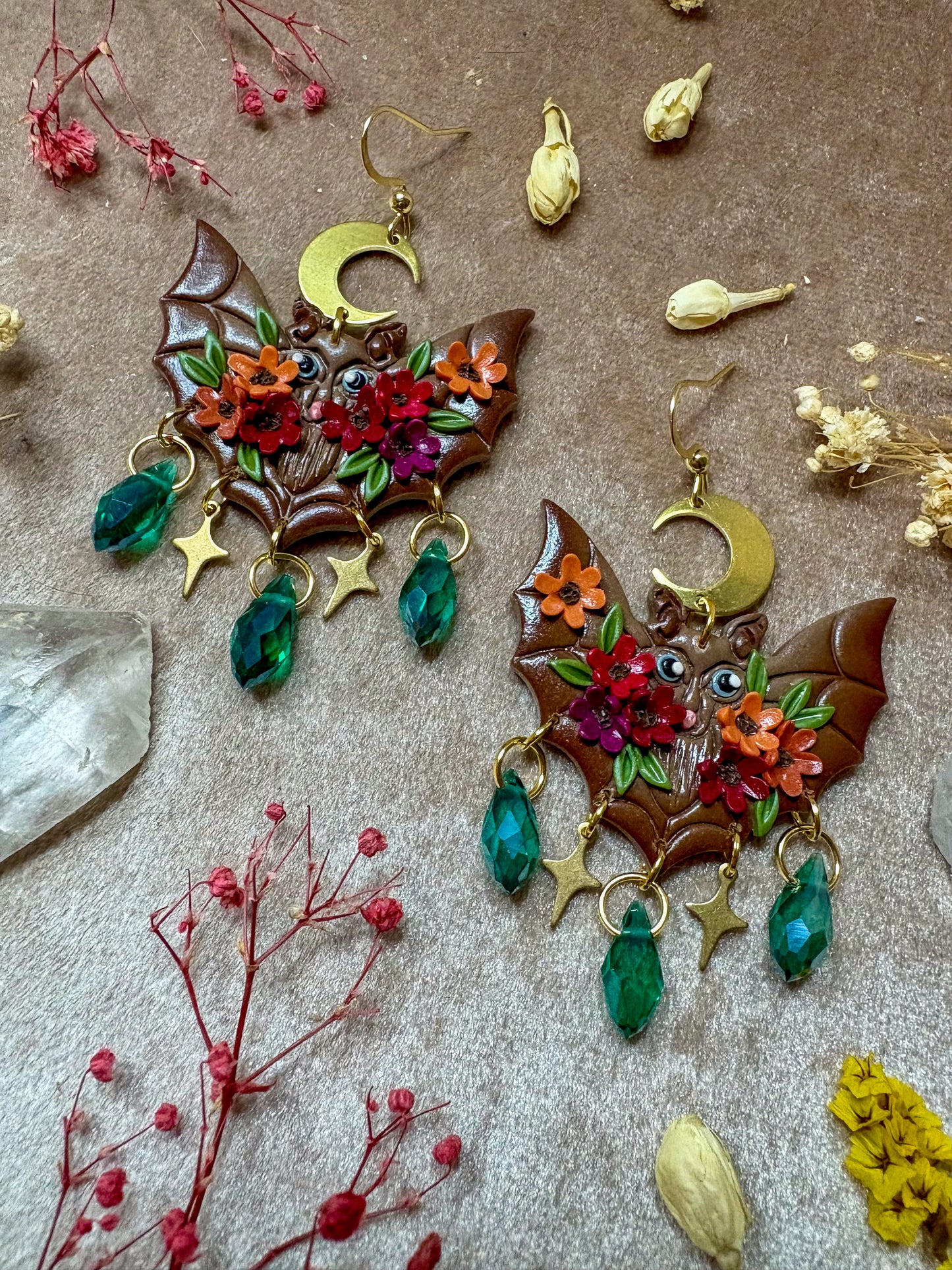 Brown Floral Bat Earrings
