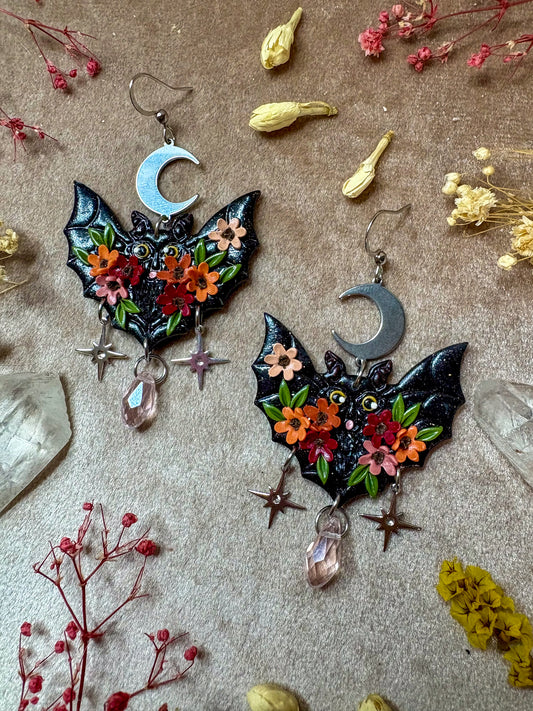 Black Floral Bat Earrings