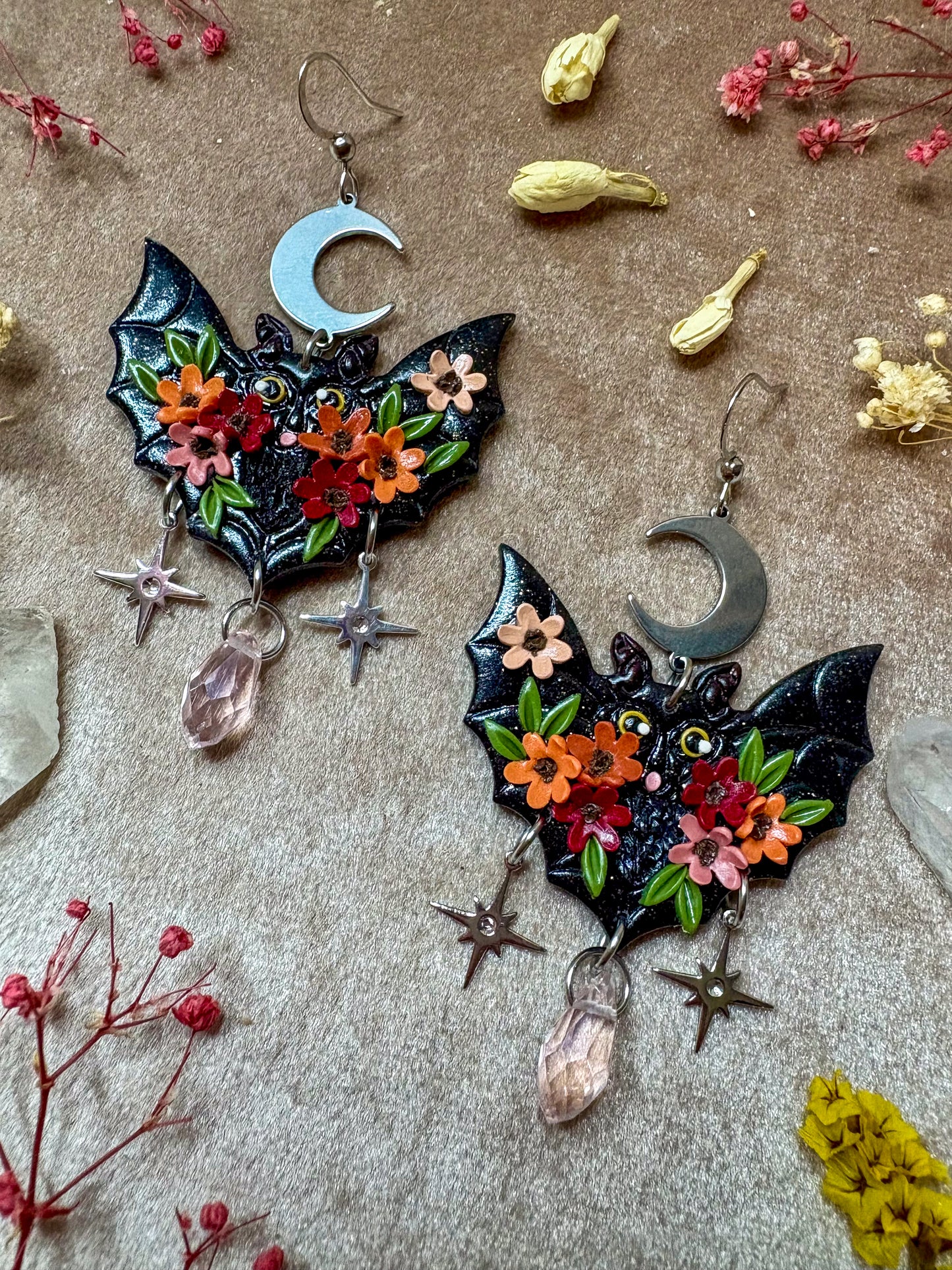 Black Floral Bat Earrings