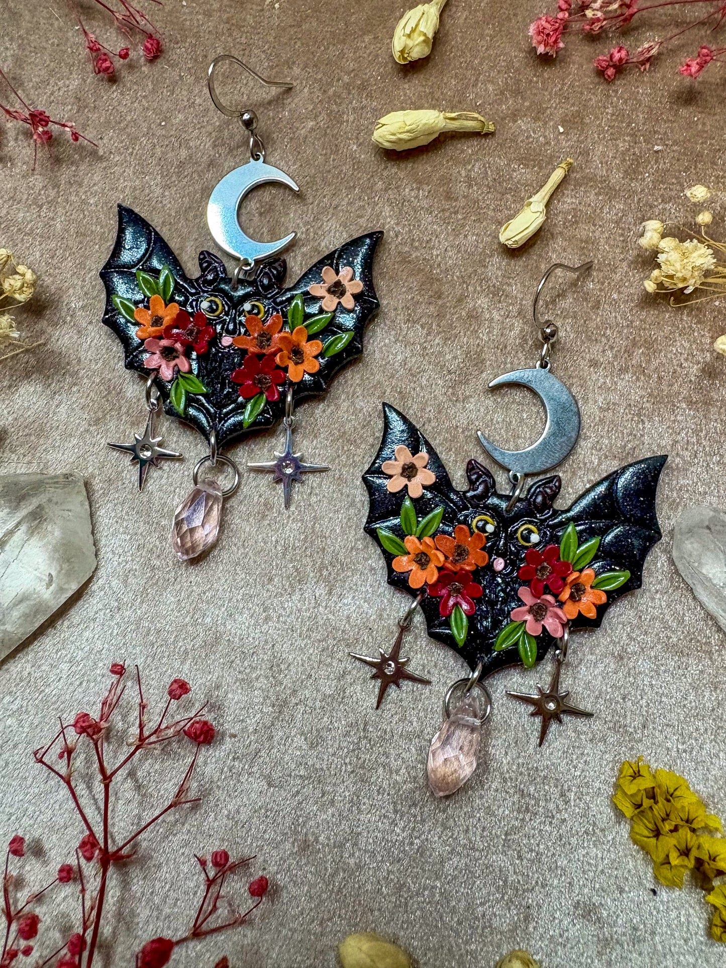 Black Floral Bat Earrings