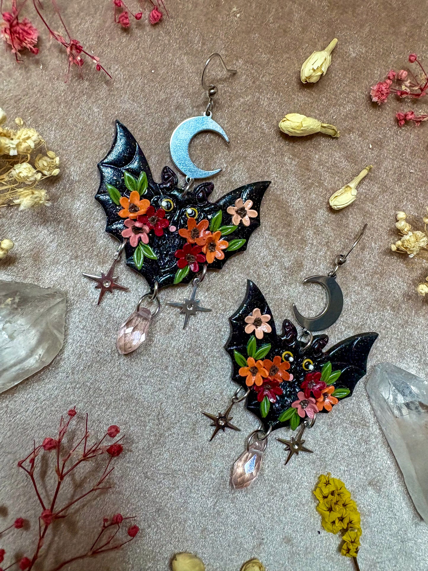 Black Floral Bat Earrings