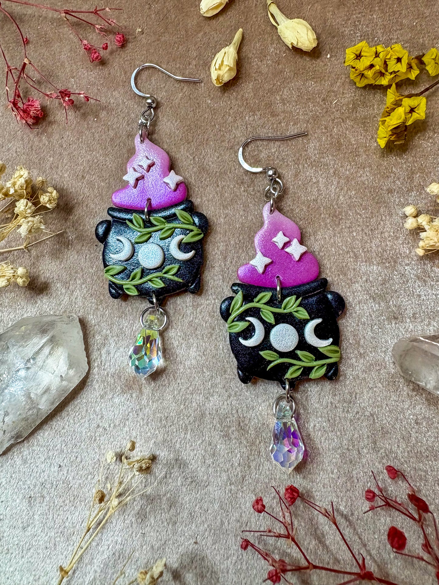 Moon Phase Cauldron and Smoke Earrings