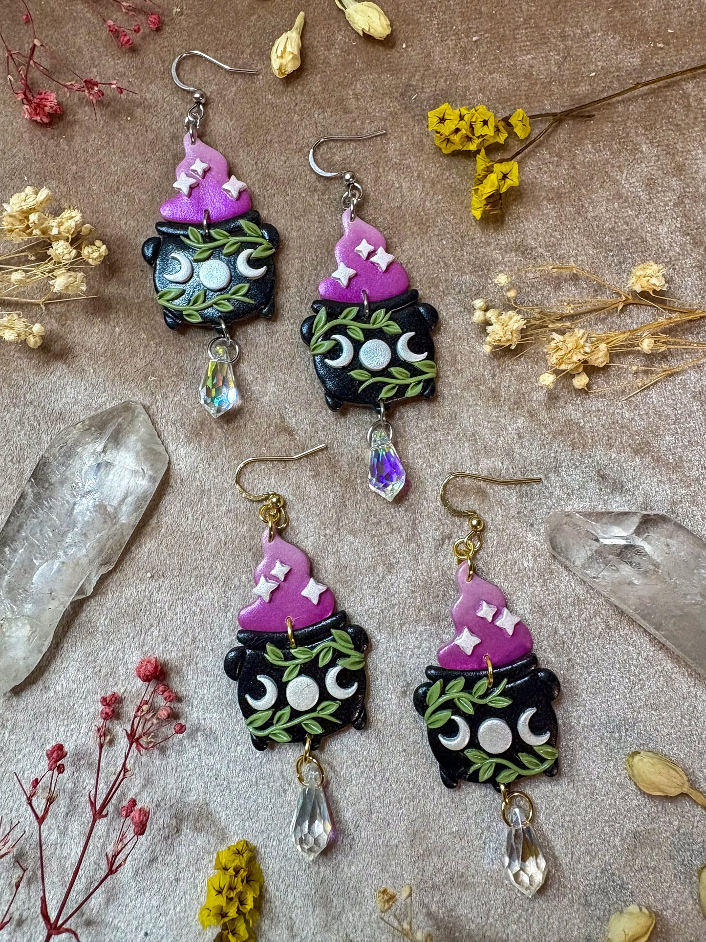 Moon Phase Cauldron and Smoke Earrings