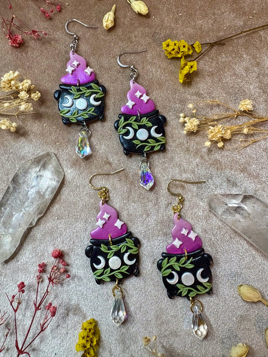 Moon Phase Cauldron and Smoke Earrings