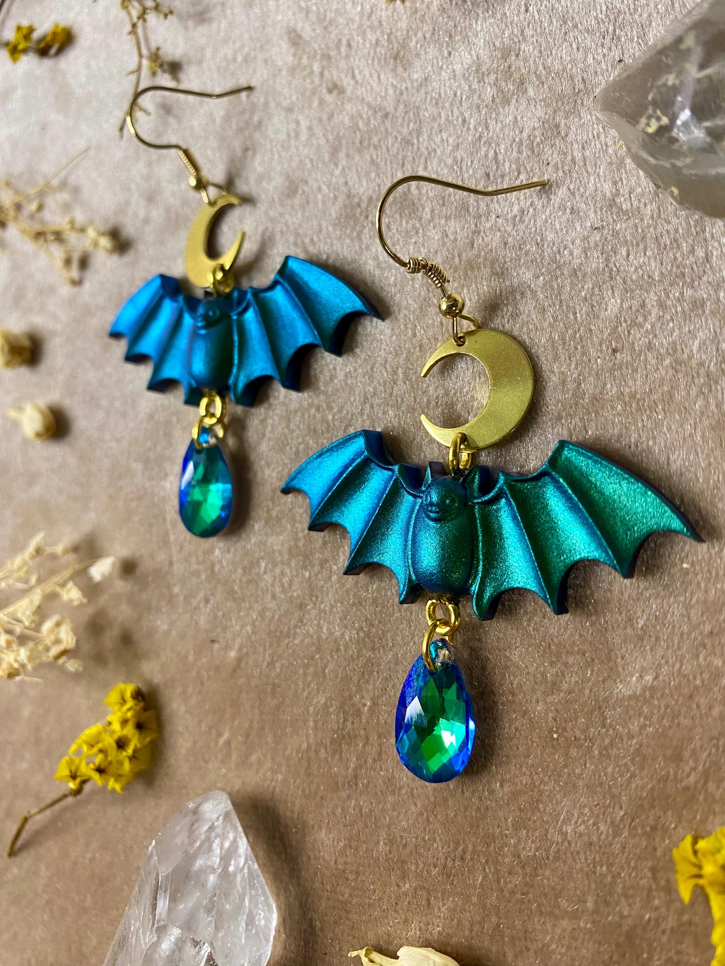 Green and Blue Bat Earrings