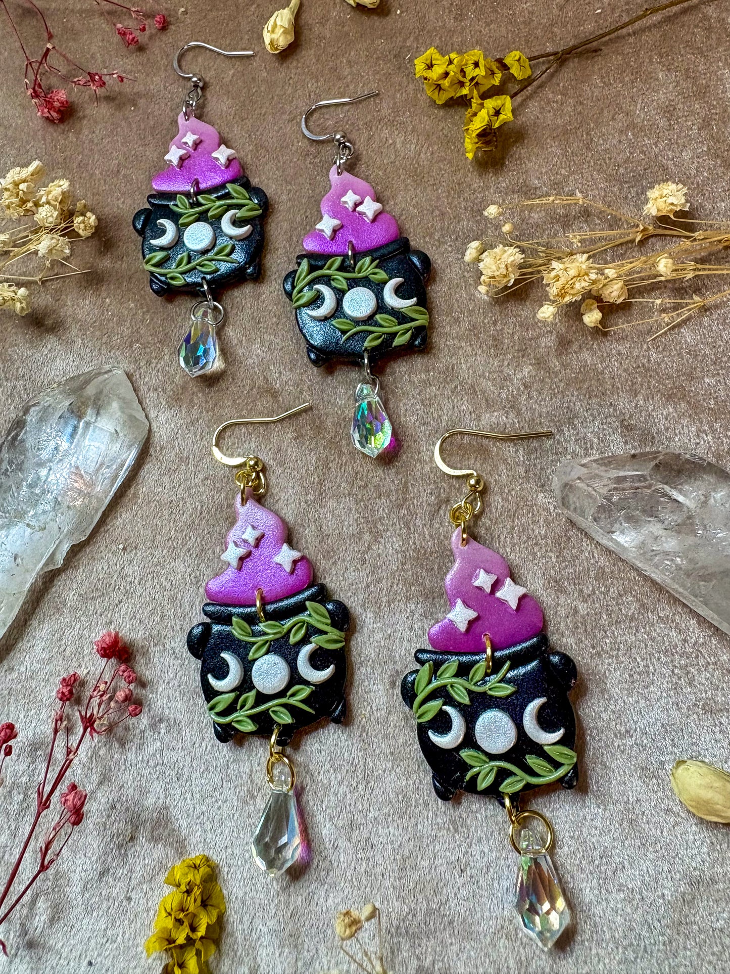 Moon Phase Cauldron and Smoke Earrings