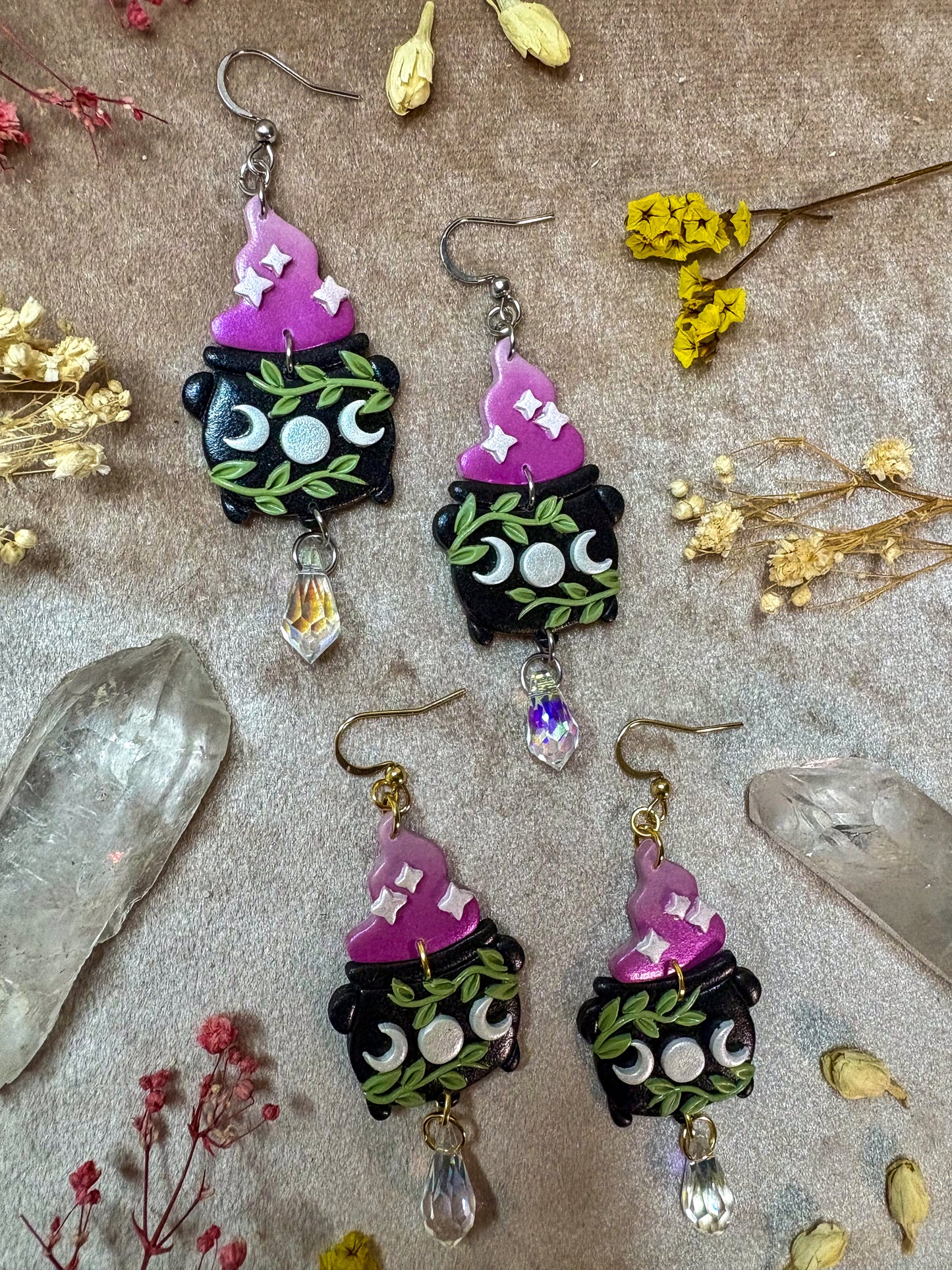 Moon Phase Cauldron and Smoke Earrings