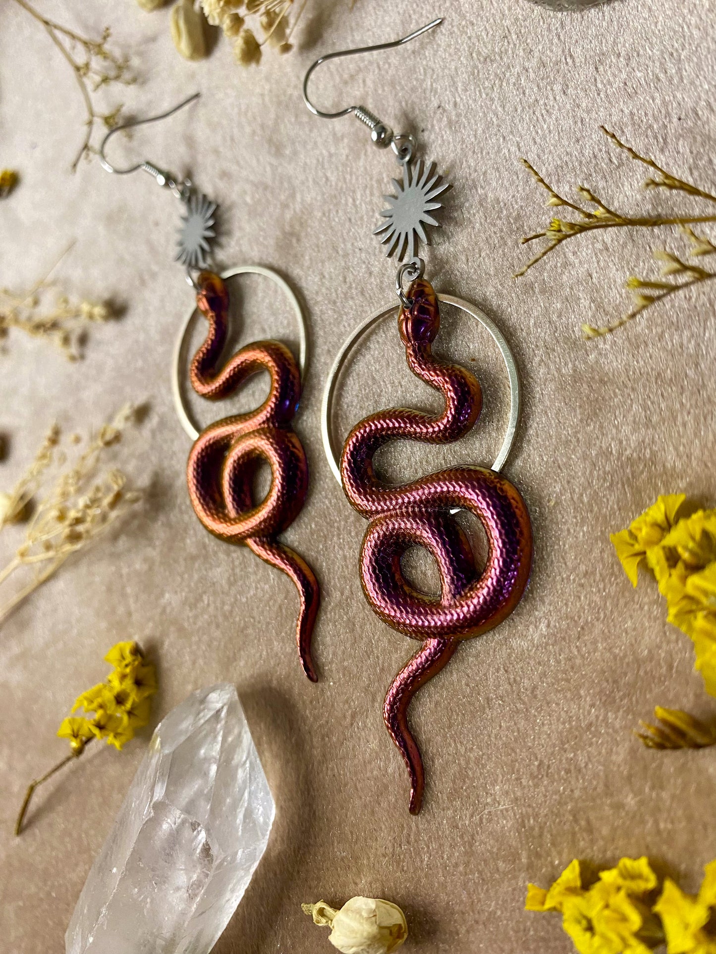 Red and Magenta Coil Snake Earrings