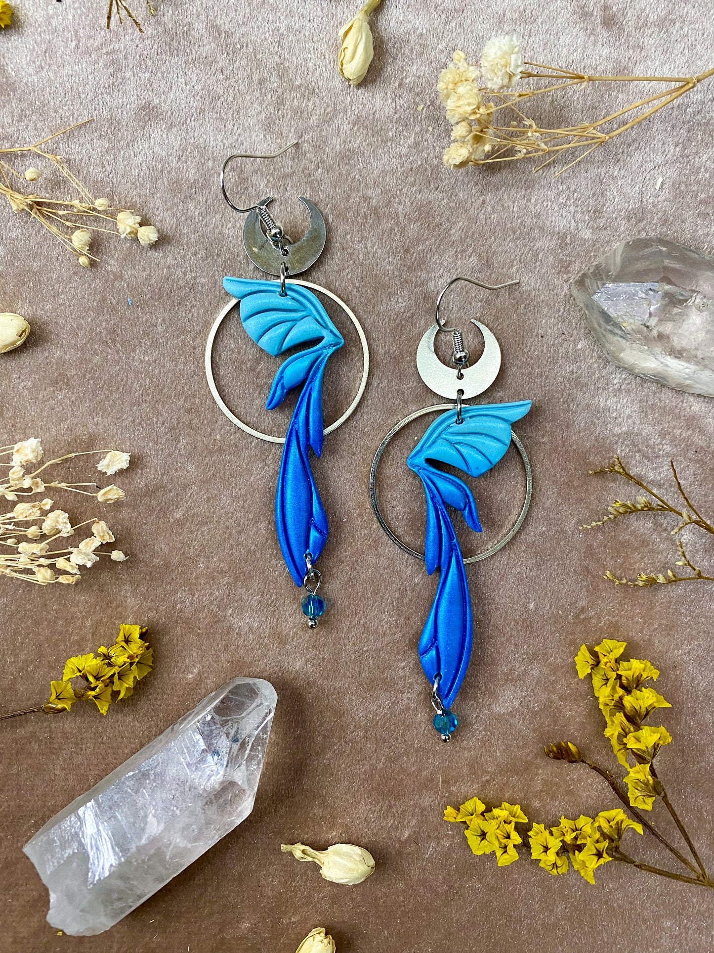 polymer clay blue sapphire fairy wing dangle earrings