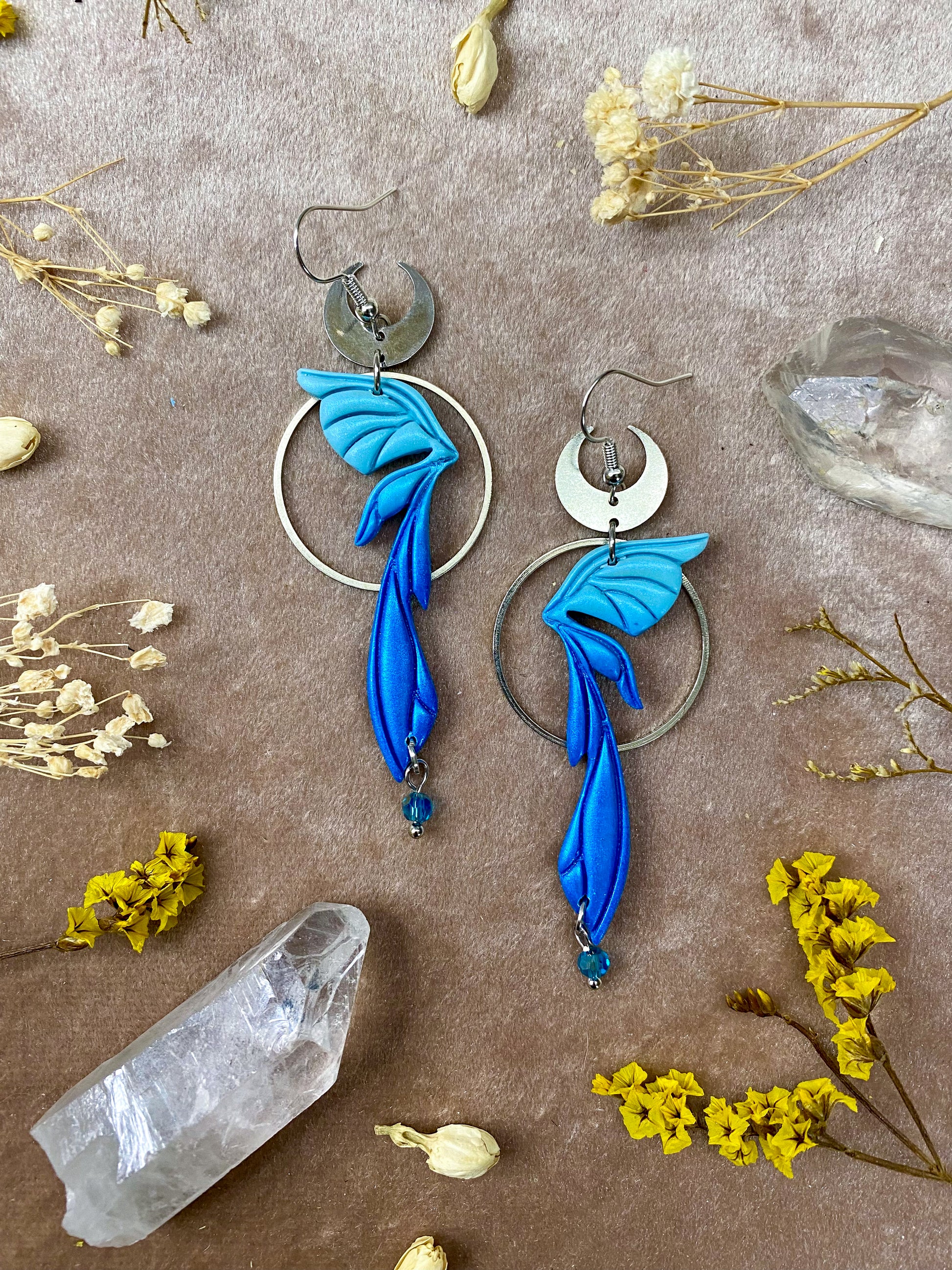 polymer clay blue sapphire fairy wing dangle earrings