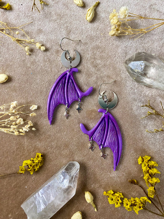 polymer clay purple silver dragon wings dangle earrings