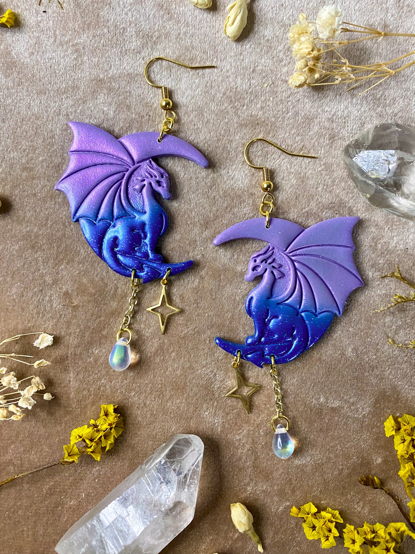 Blue and Purple Ombre Moon Dragon Earrings