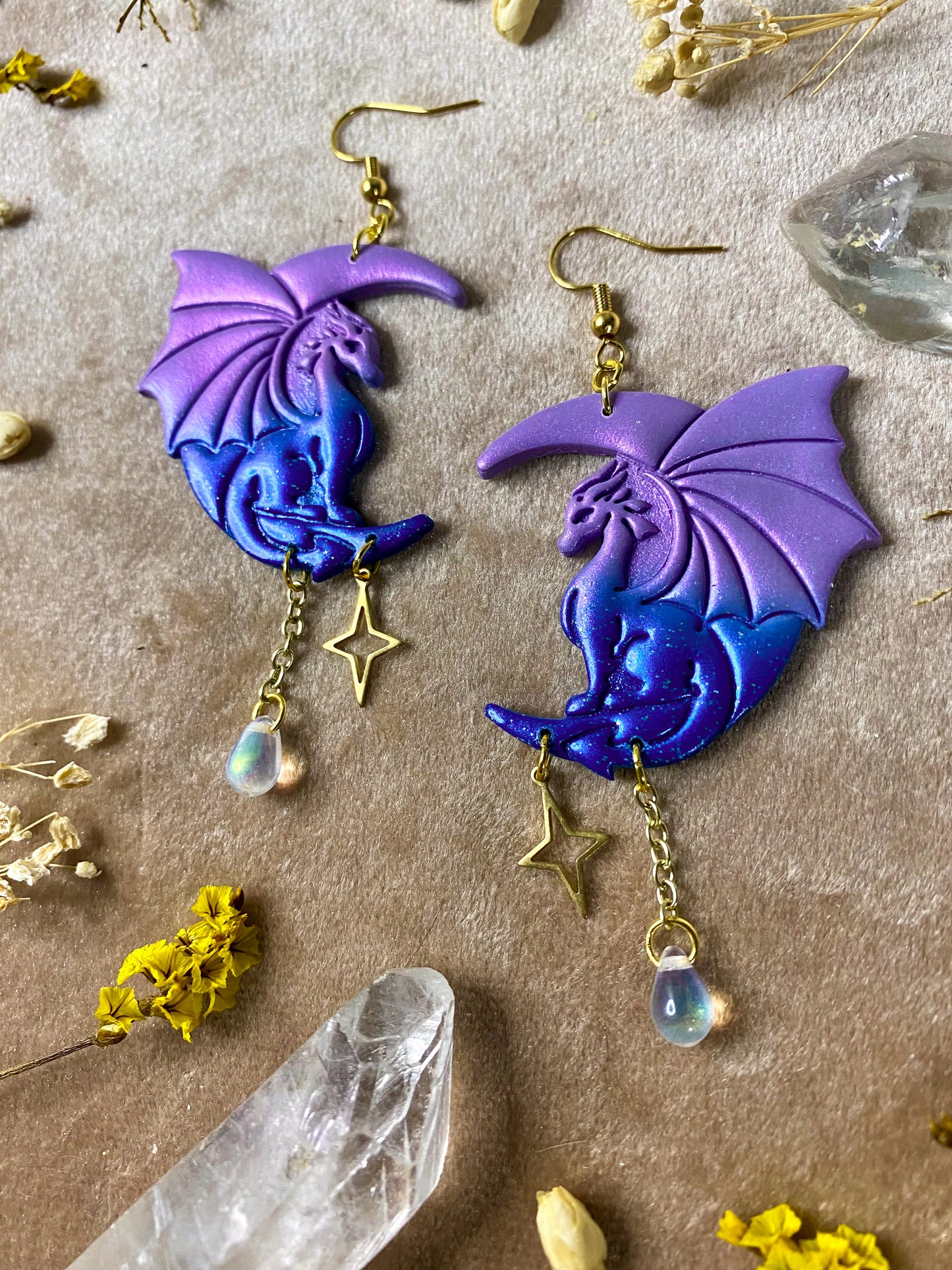 Blue and Purple Ombre Moon Dragon Earrings