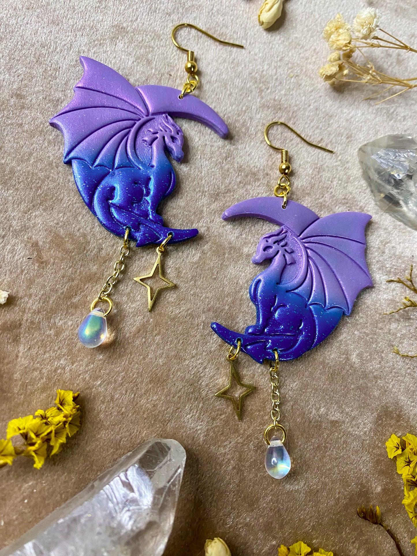 Blue and Purple Ombre Moon Dragon Earrings