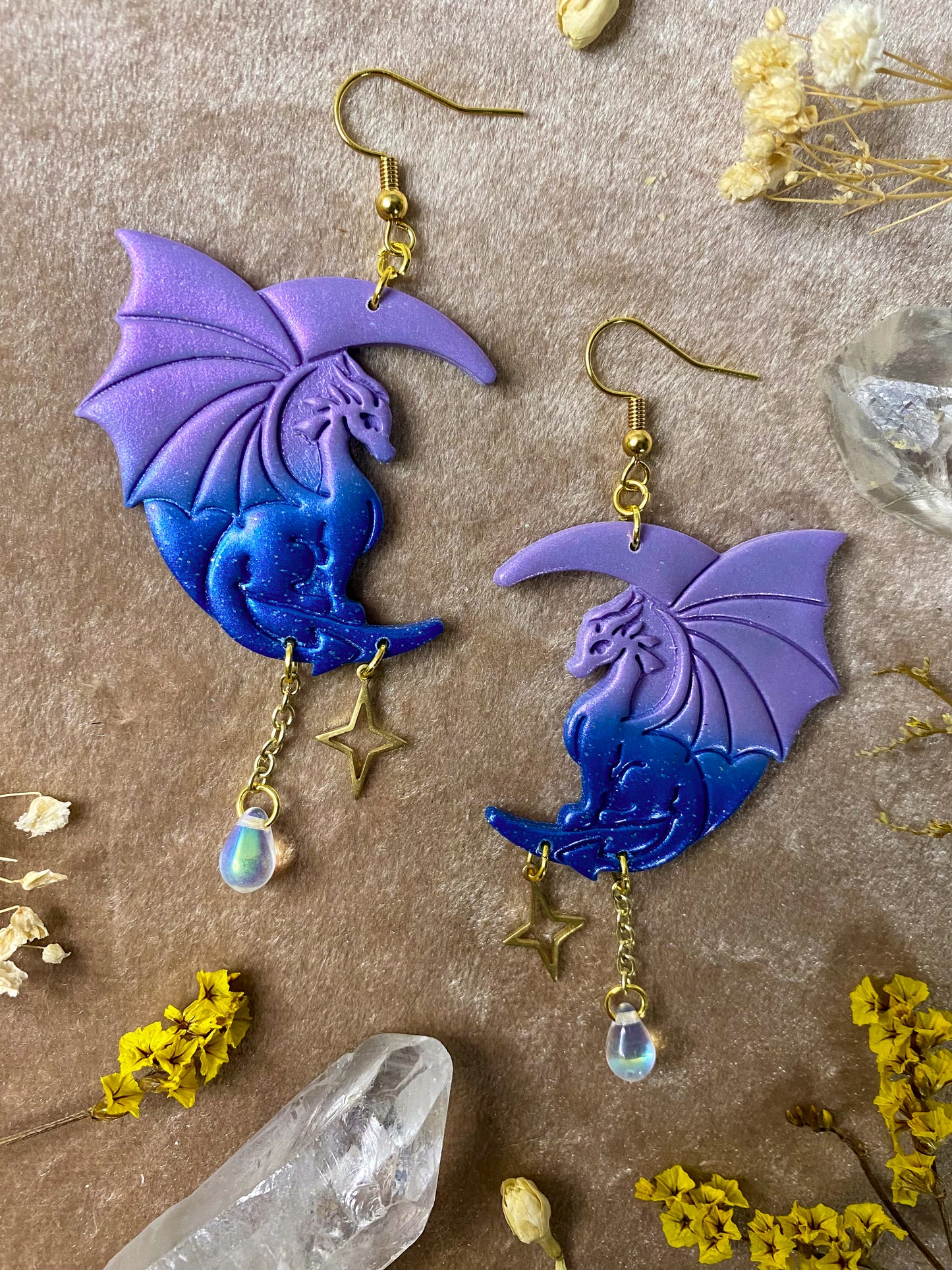 Blue and Purple Ombre Moon Dragon Earrings