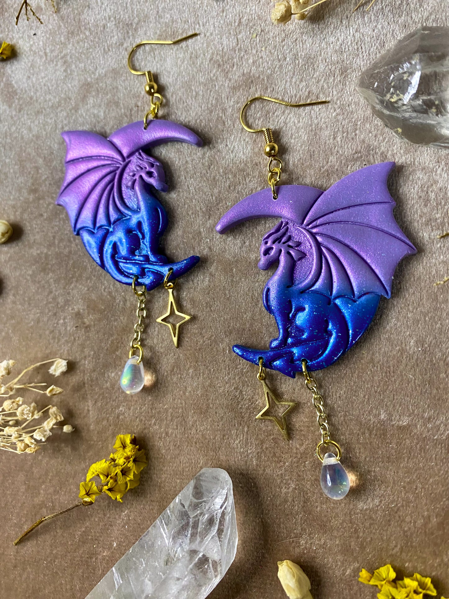 Blue and Purple Ombre Moon Dragon Earrings