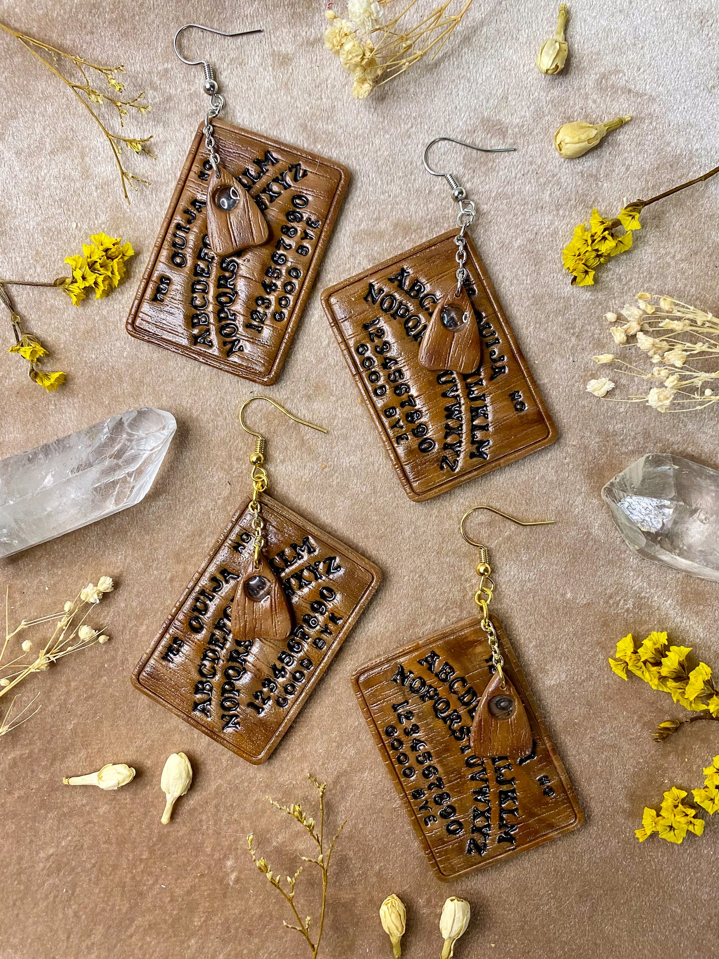 polymer clay ouija and planchette dangle spirit board earrings