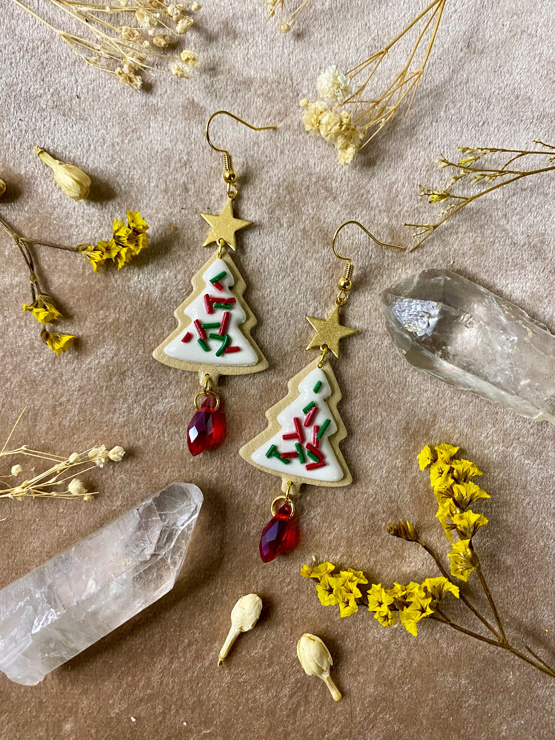 polymer clay christmas tree sprinkle cookie gold dangle earrings