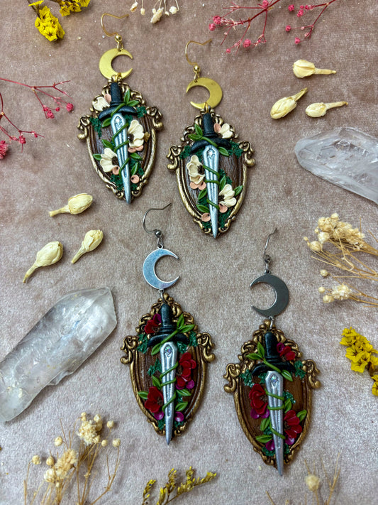 Gold Frame Floral Sword Earrings