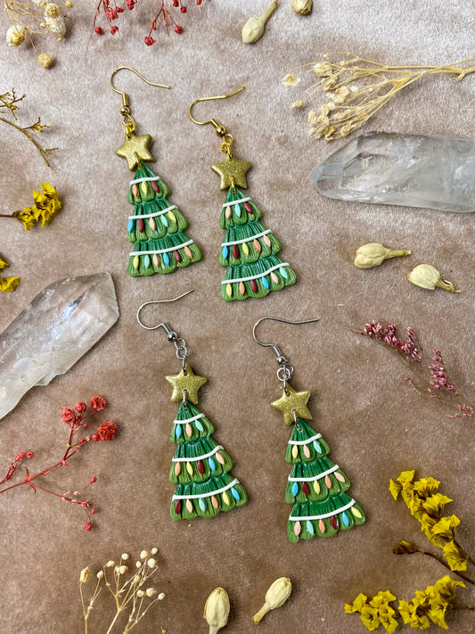 polymer clay christmas tree with lights winter holiday dangle earrings