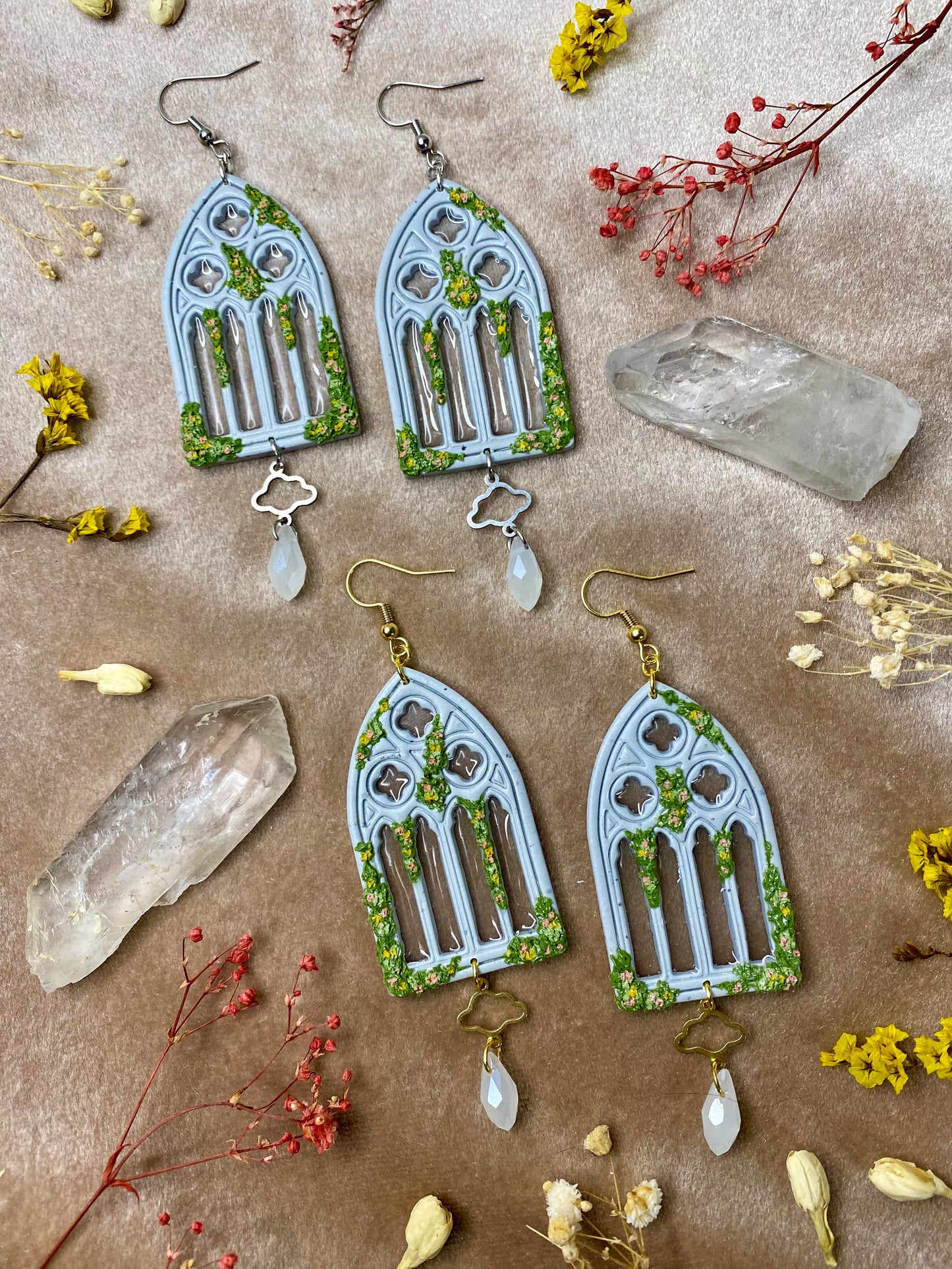 polymer clay and resin gothic cathedral window dangle earrings