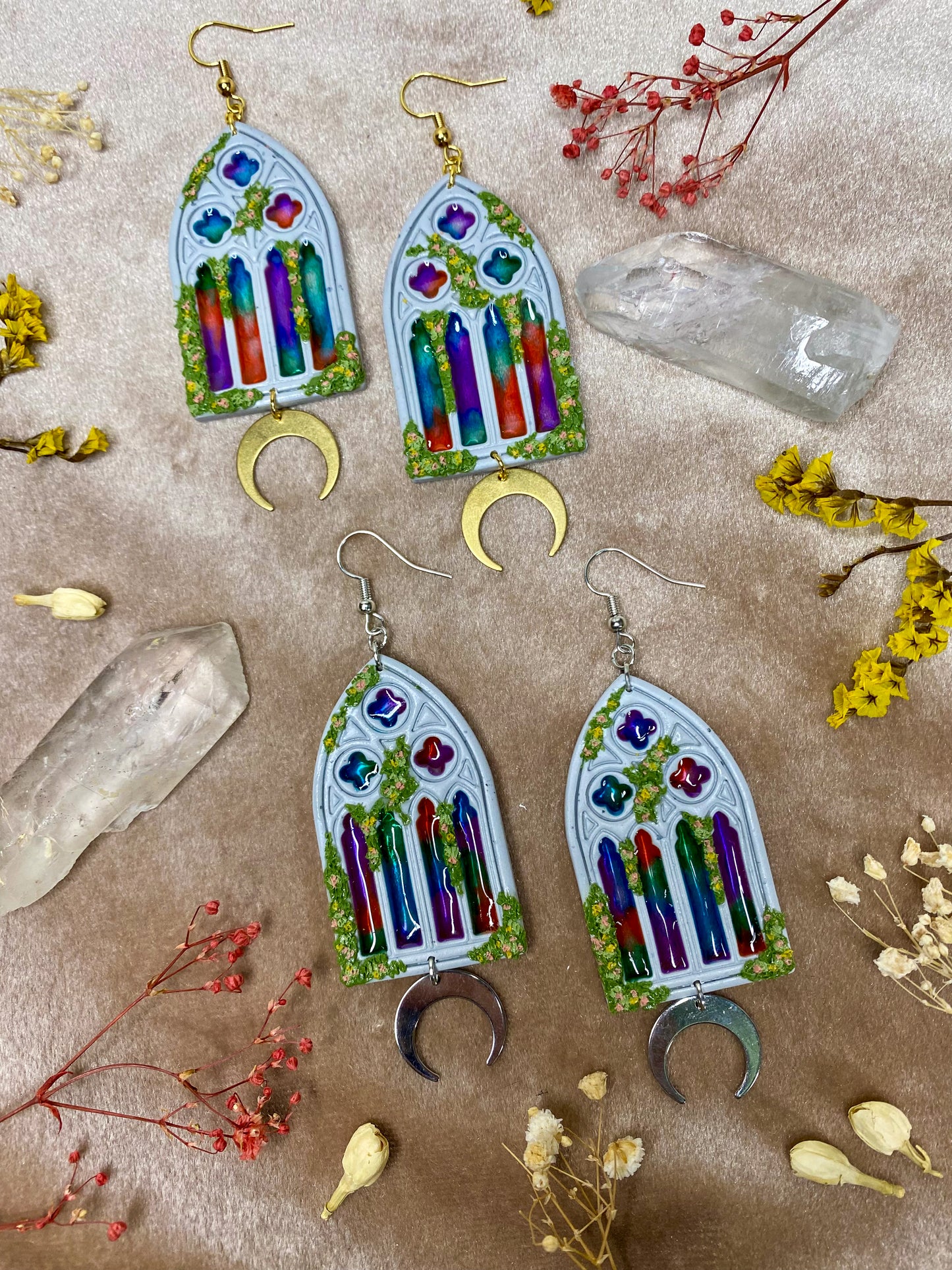 polymer clay and resin gothic window dangle earrings