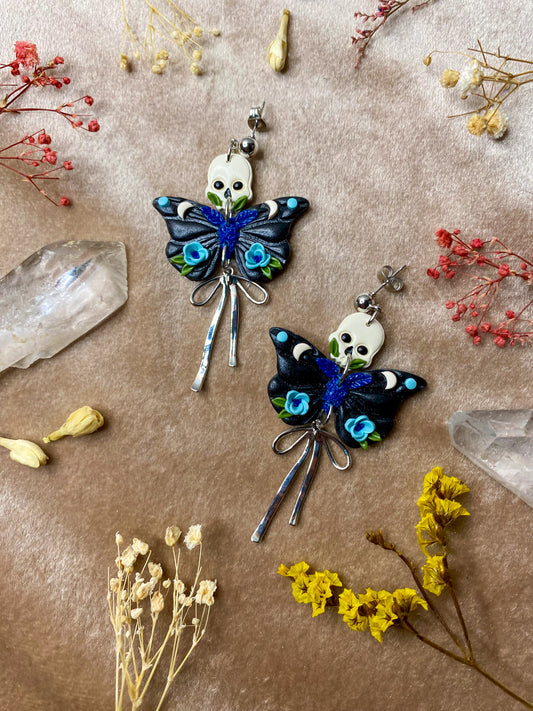 polymer clay floral death moth dangle earrings