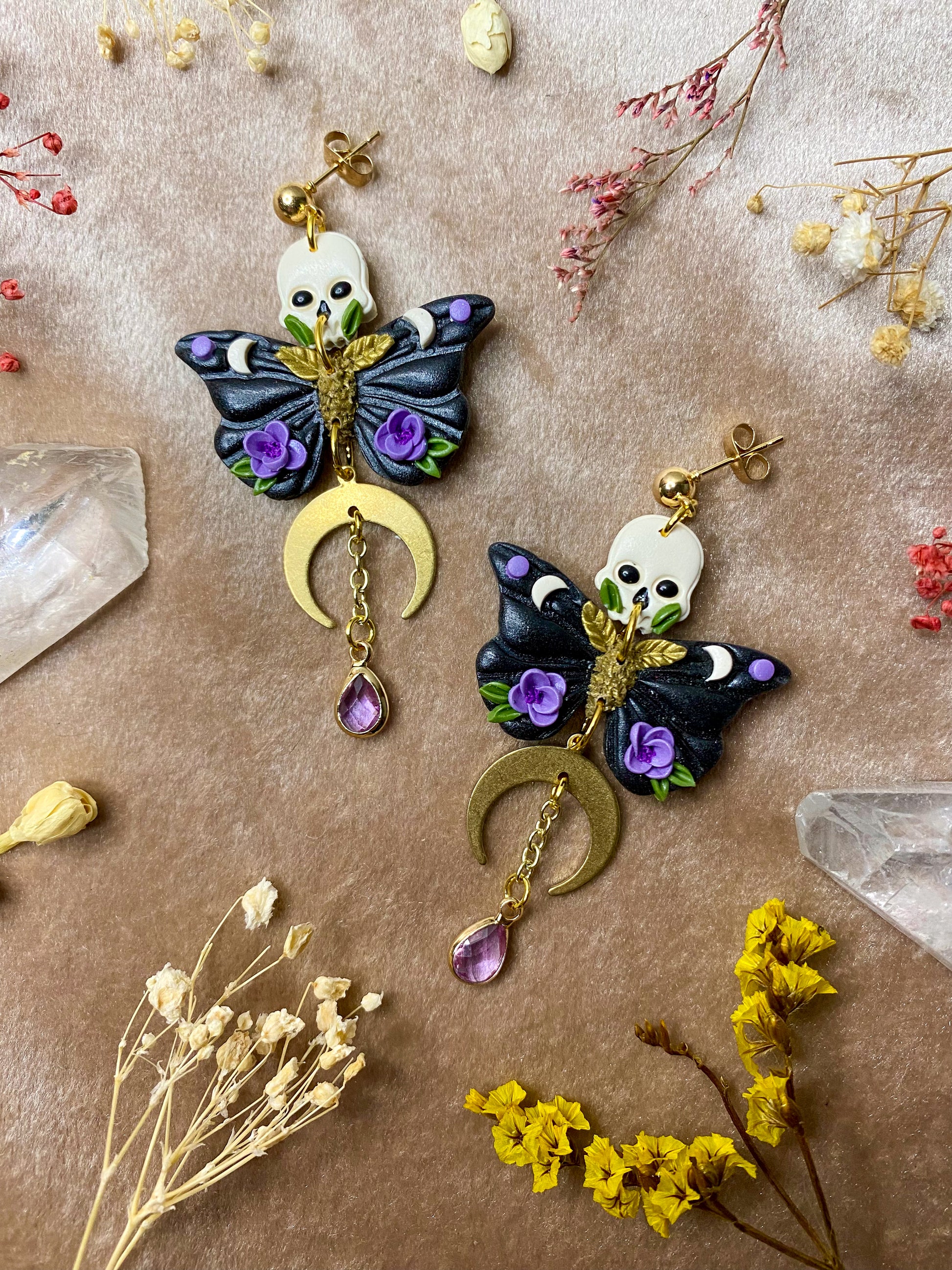 polymer clay floral death moth dangle earrings