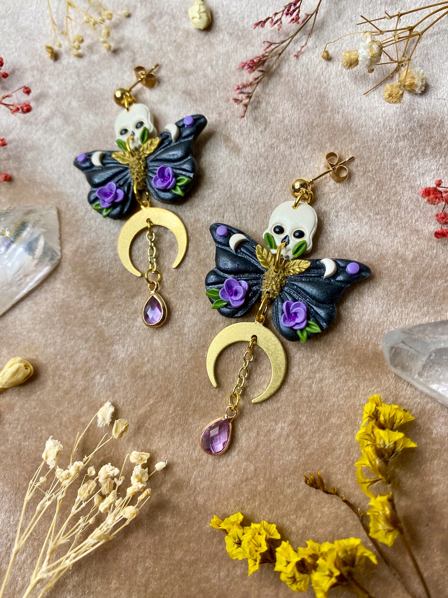 Lavender Floral Skull Moth Earrings