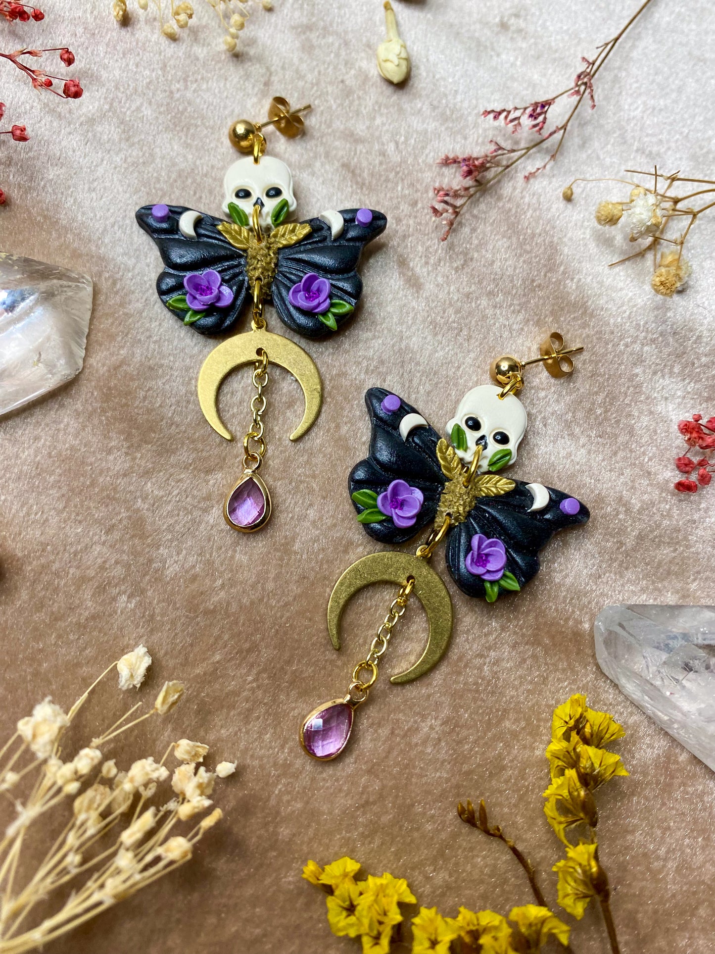 Lavender Floral Skull Moth Earrings