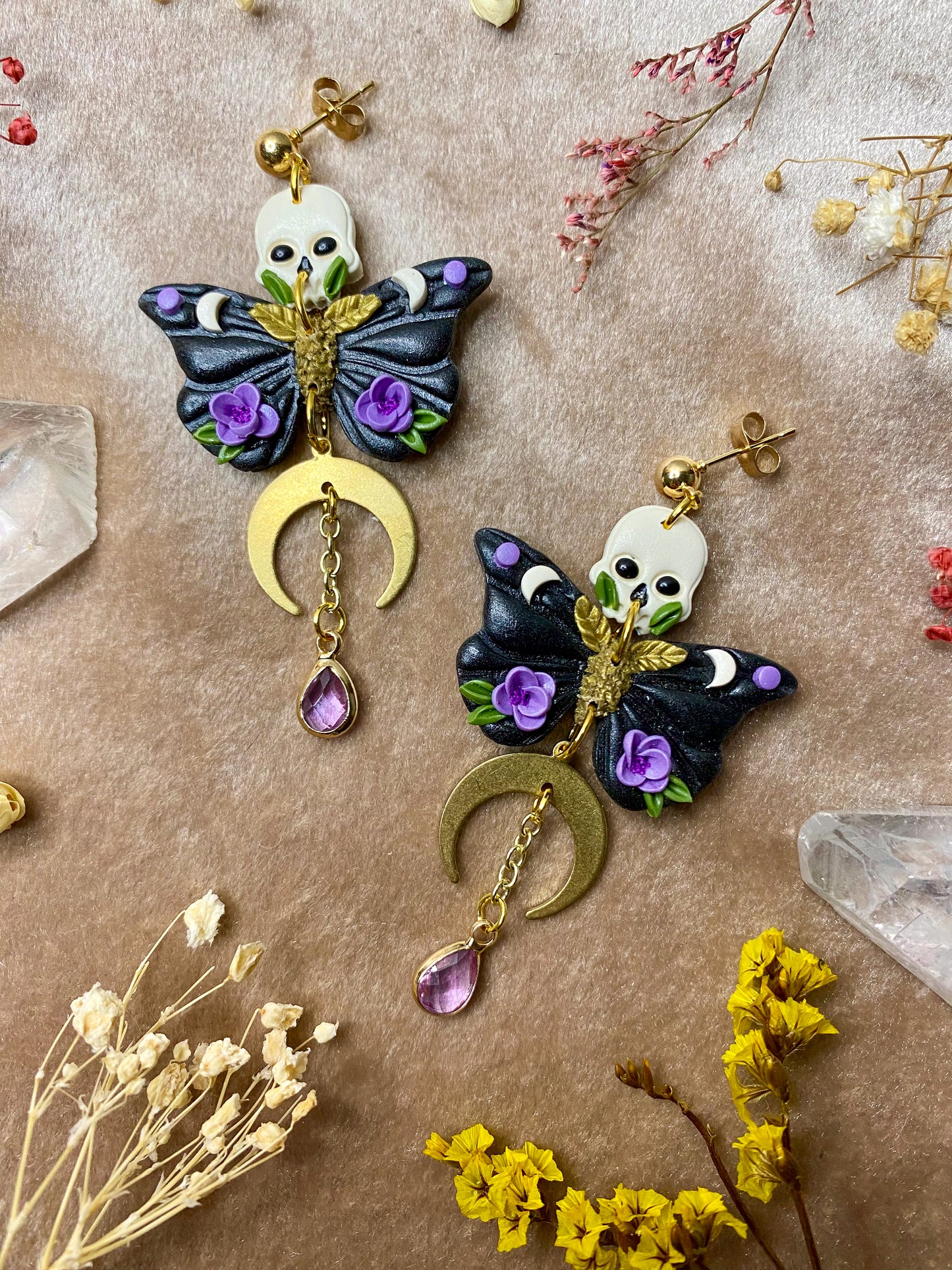 Lavender Floral Skull Moth Earrings