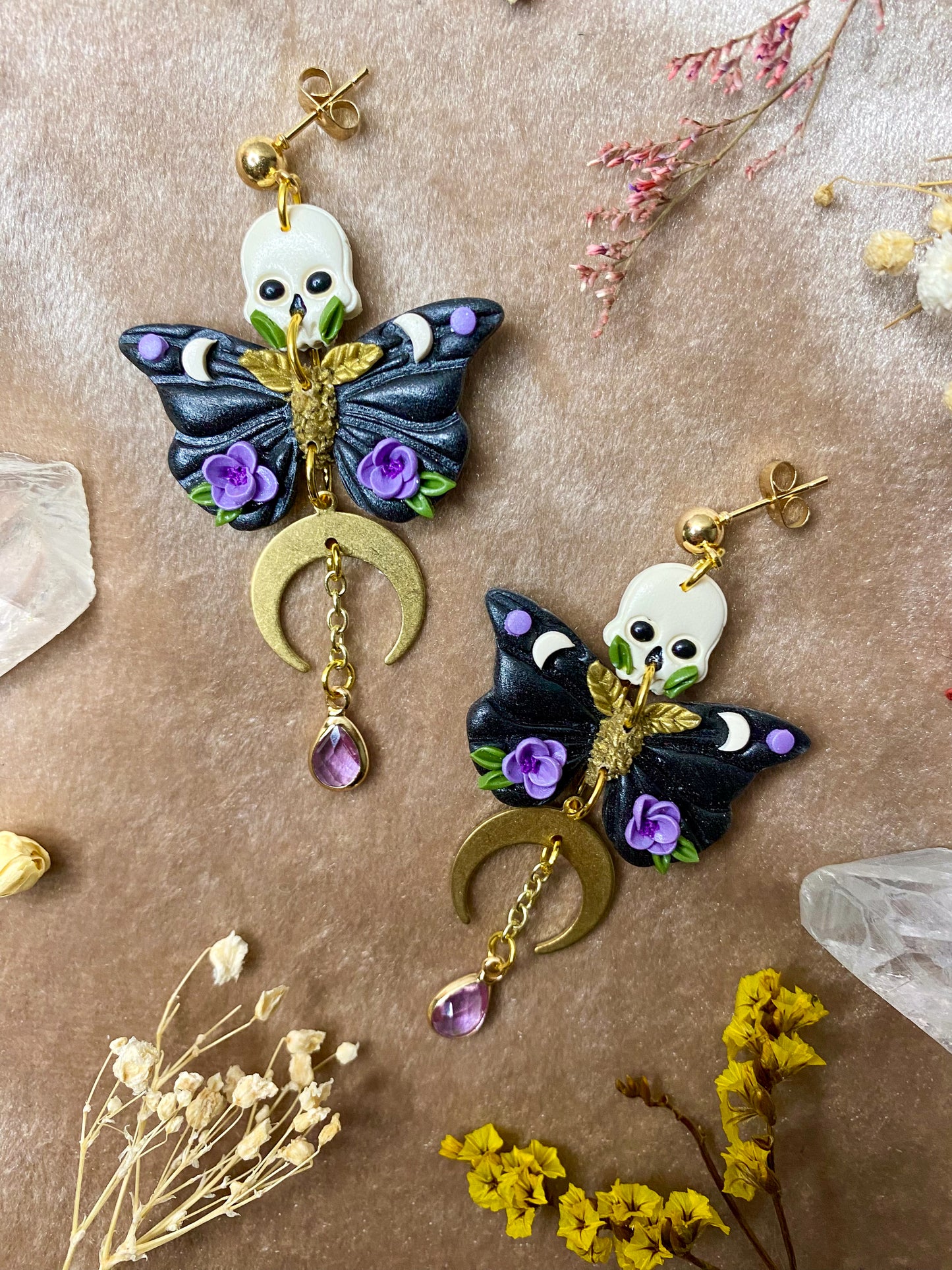 Lavender Floral Skull Moth Earrings