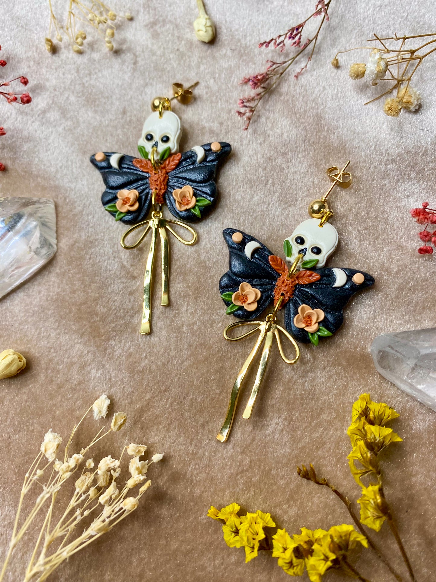 Dark Orange Floral Skull Moth Earrings