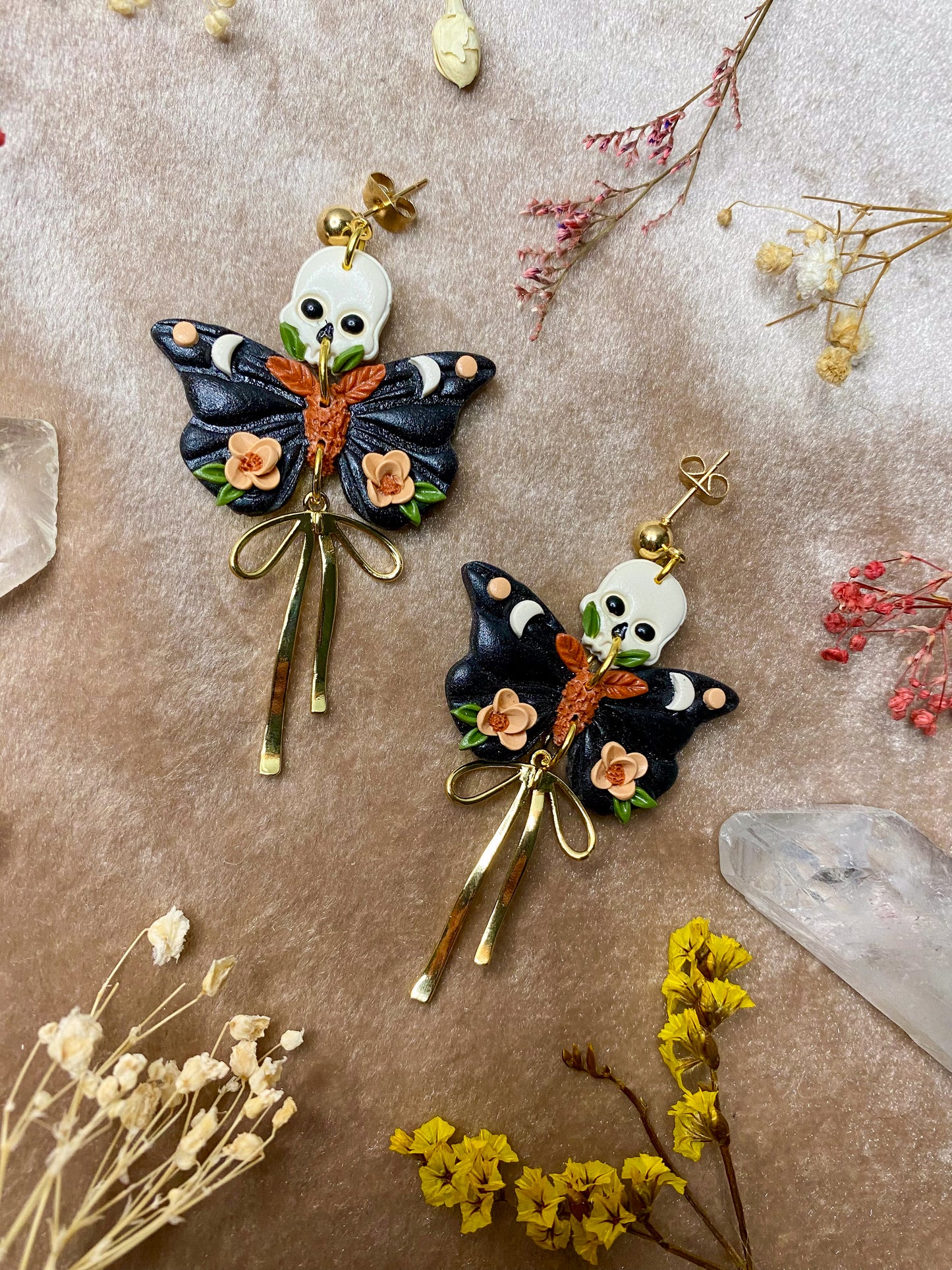 Dark Orange Floral Skull Moth Earrings