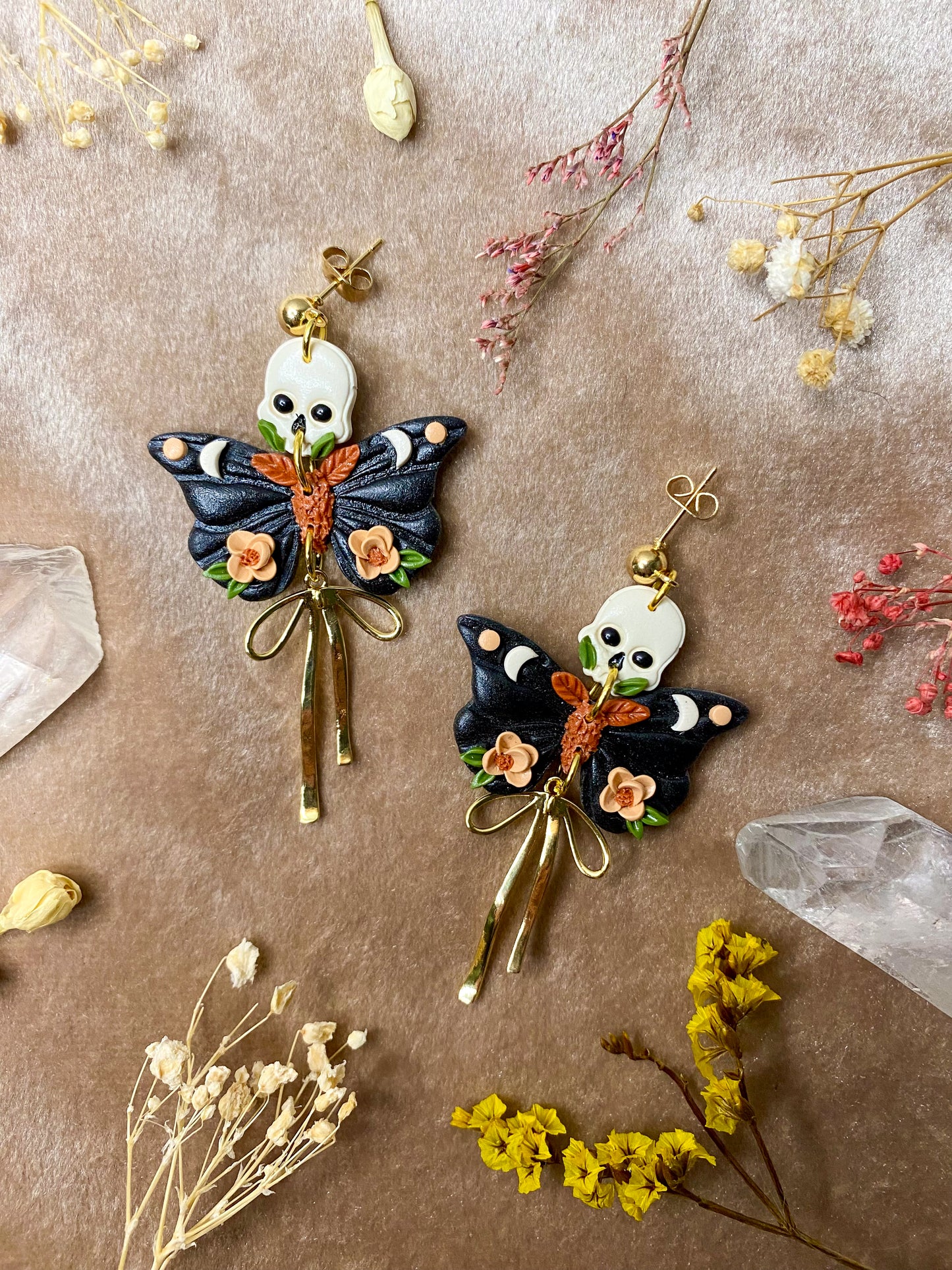 Dark Orange Floral Skull Moth Earrings