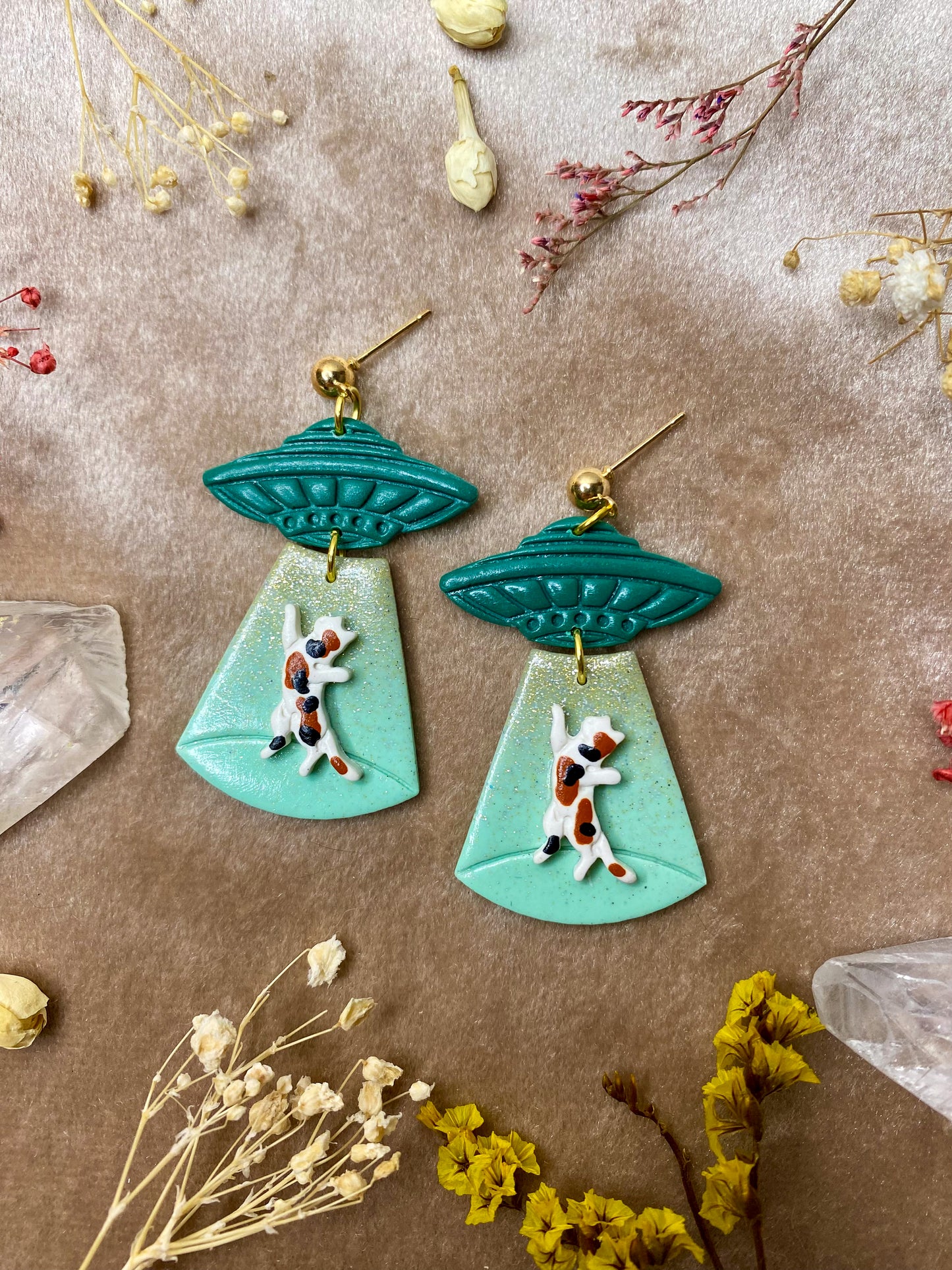 polymer clay calico cat alien abduction dangle earrings