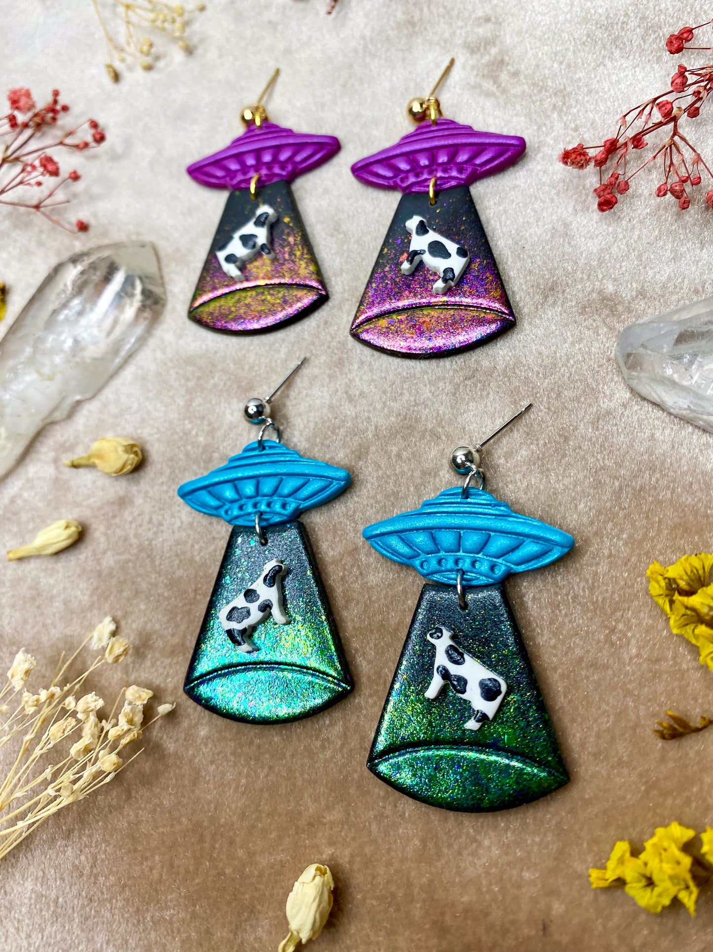 polymer clay alien abducting cow dangle earrings