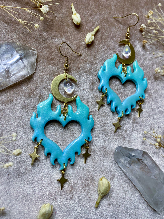 Baby Blue to Mint Ombre Heart Flame Earrings
