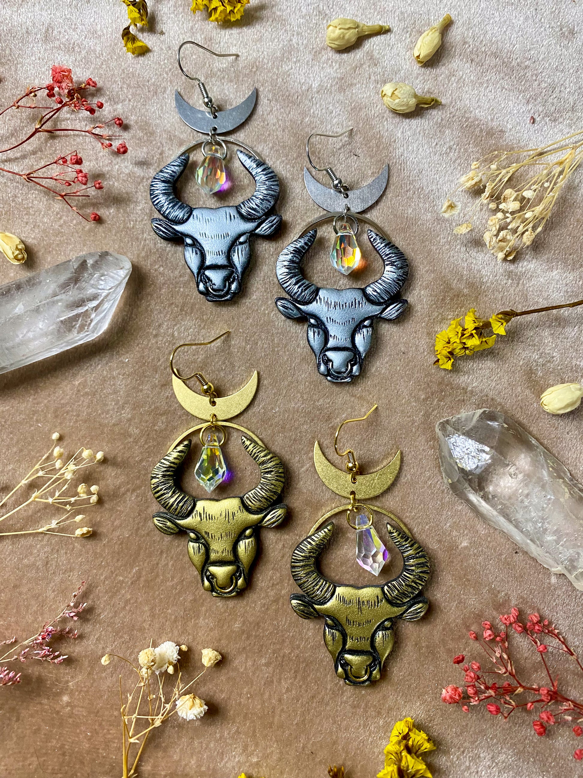 polymer clay astrology zodiac sign gold and silver dangle earrings taurus