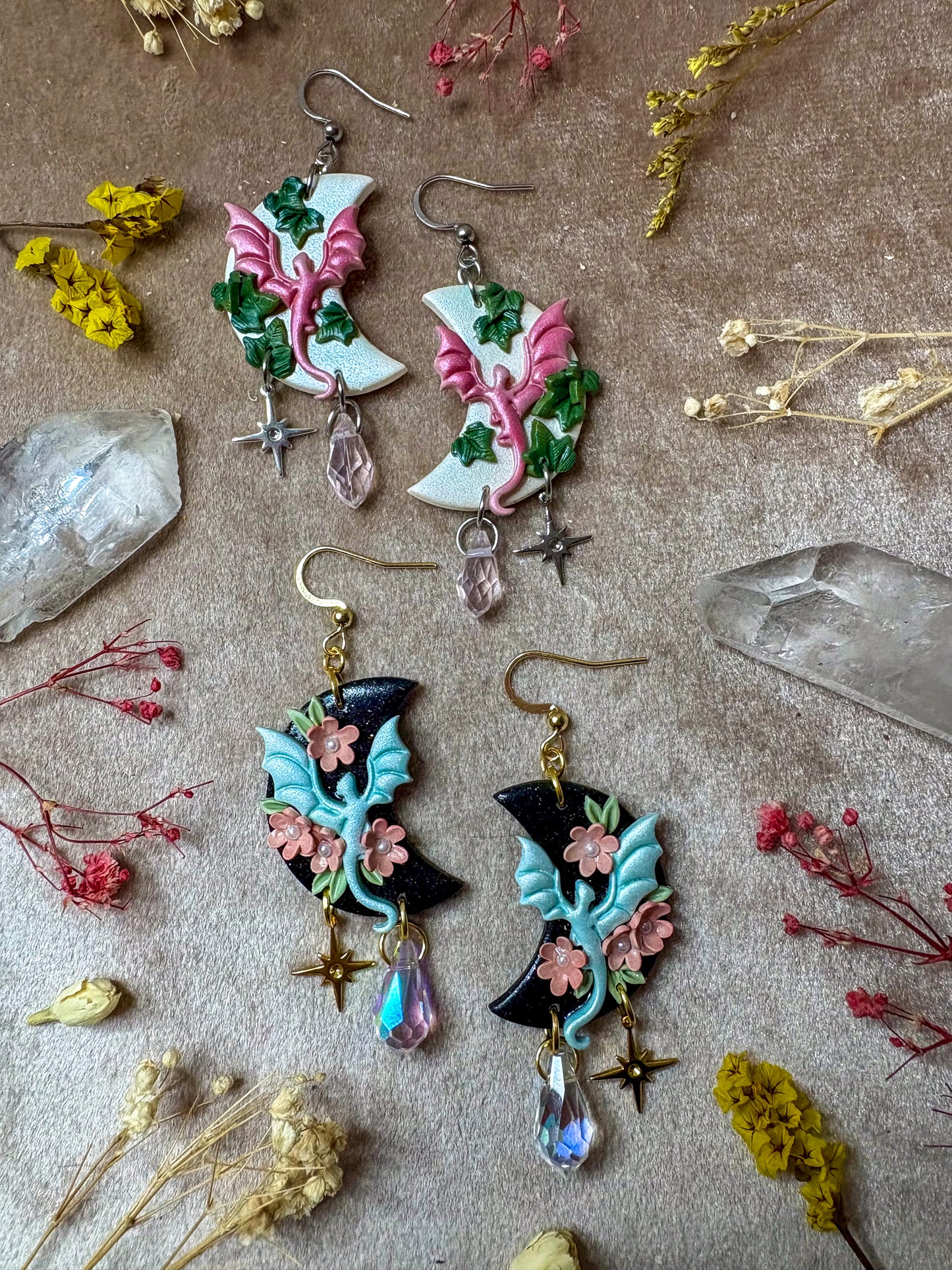 Cherry Blossom Moon Dragon Earrings