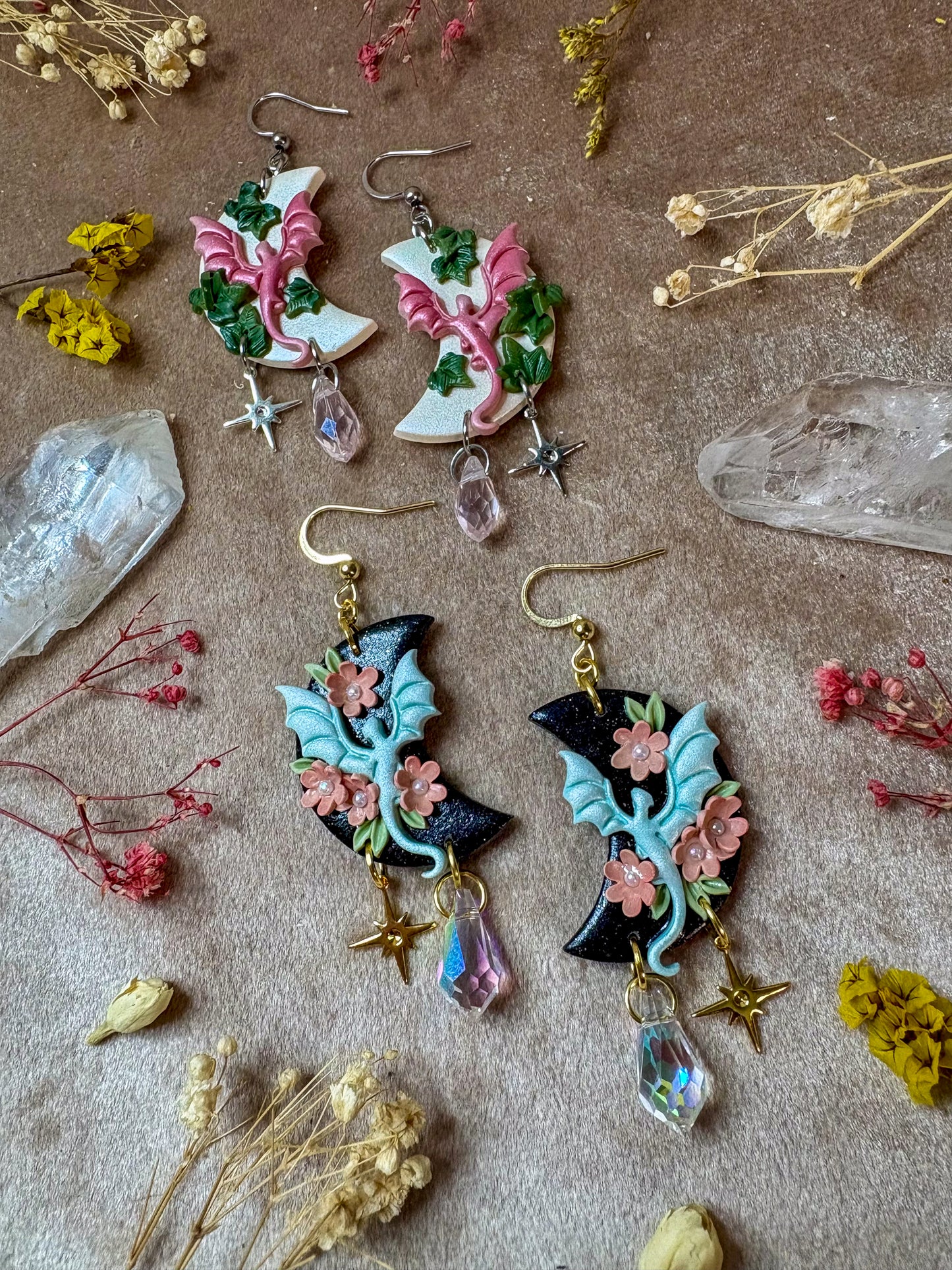 Cherry Blossom Moon Dragon Earrings