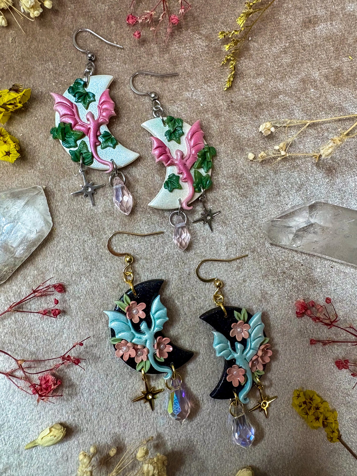 Cherry Blossom Moon Dragon Earrings