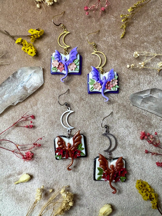 Floral Open Book Dragon Earrings