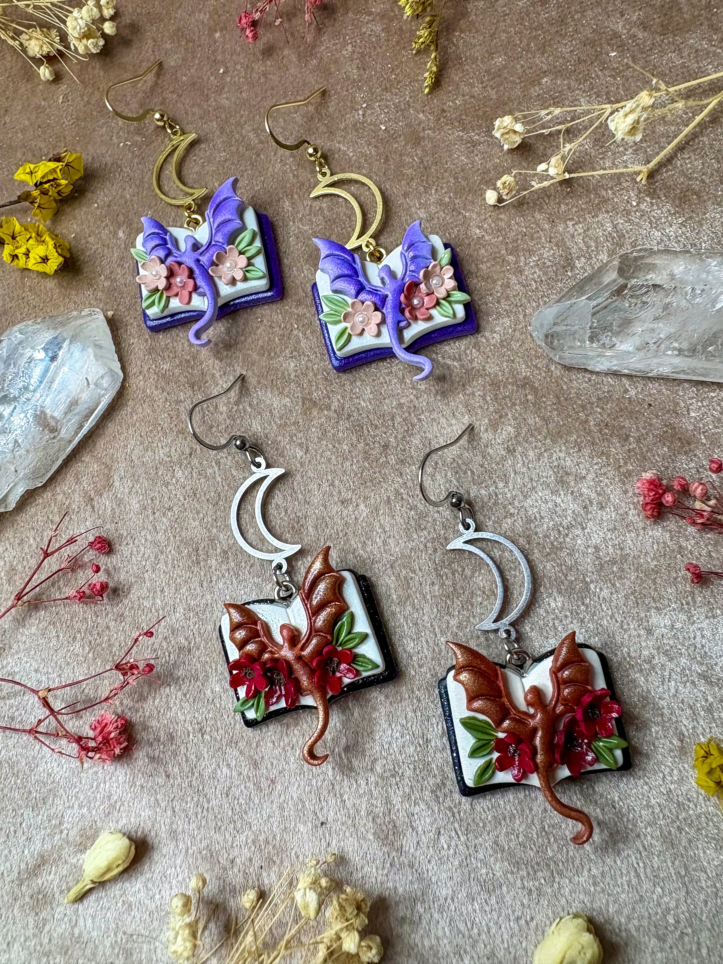 Floral Open Book Dragon Earrings