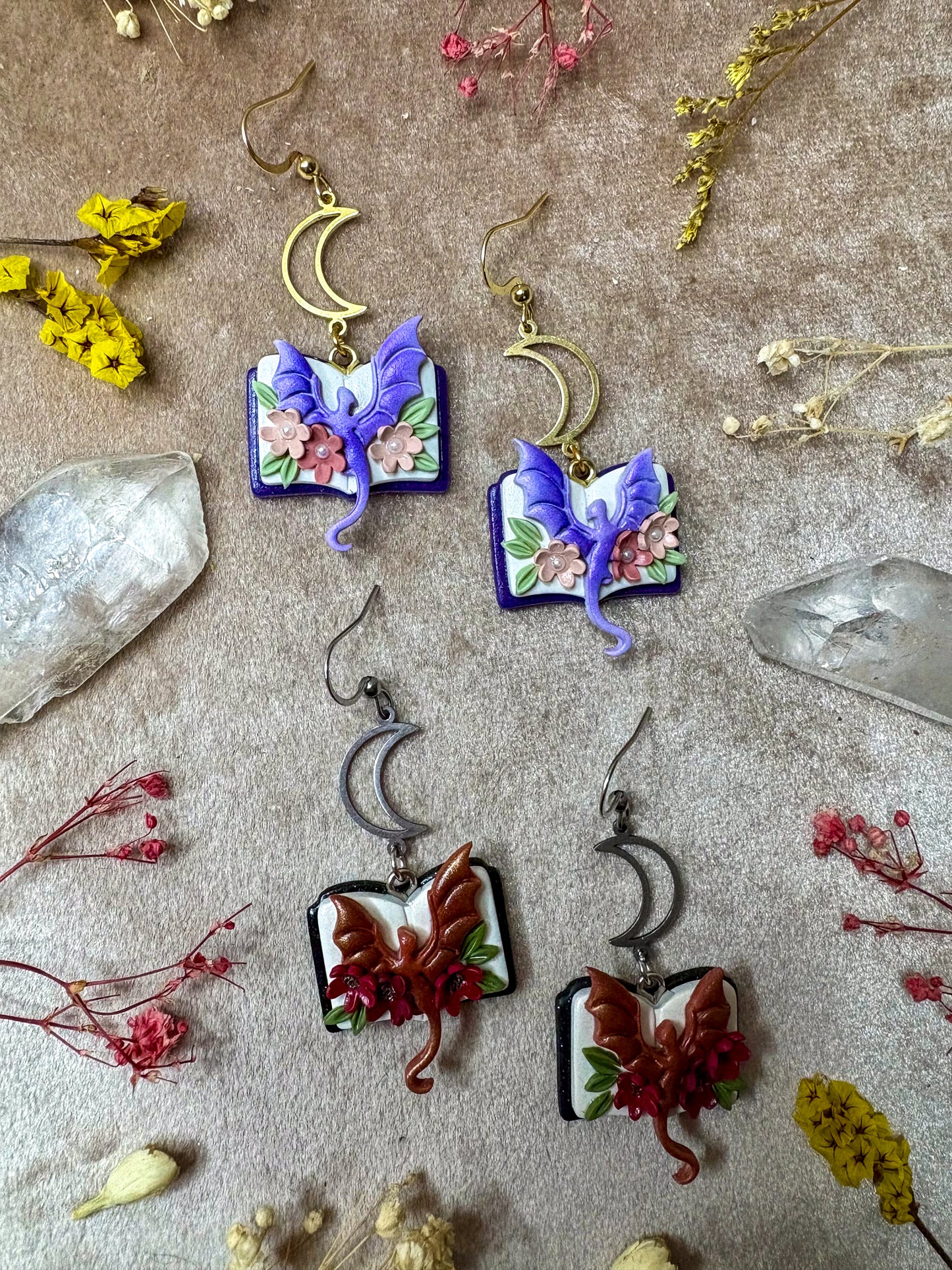Floral Open Book Dragon Earrings
